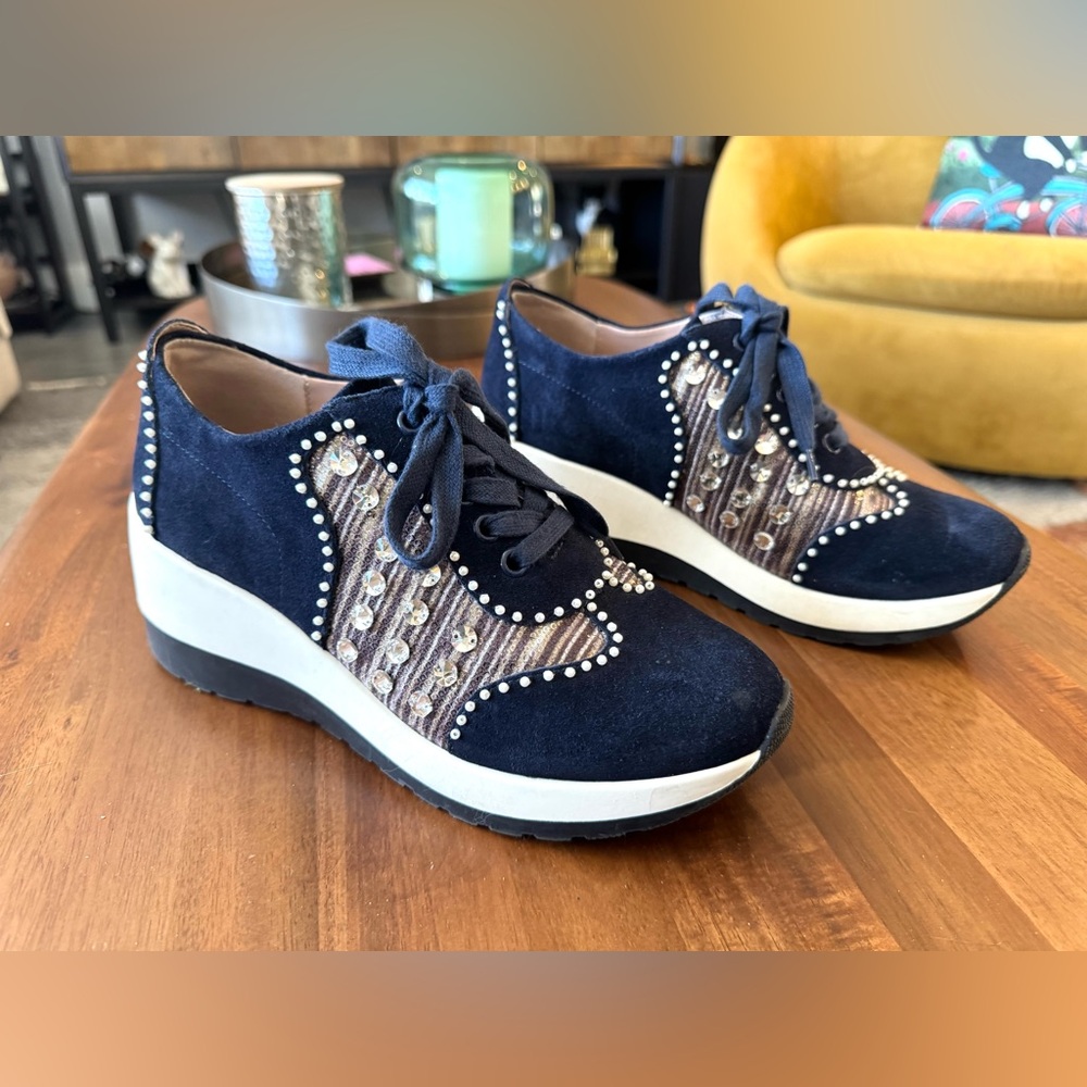 Desigual Wedge Pearl Suede Trainers with Crystal & Pearl Detail - Picture 6 of 12